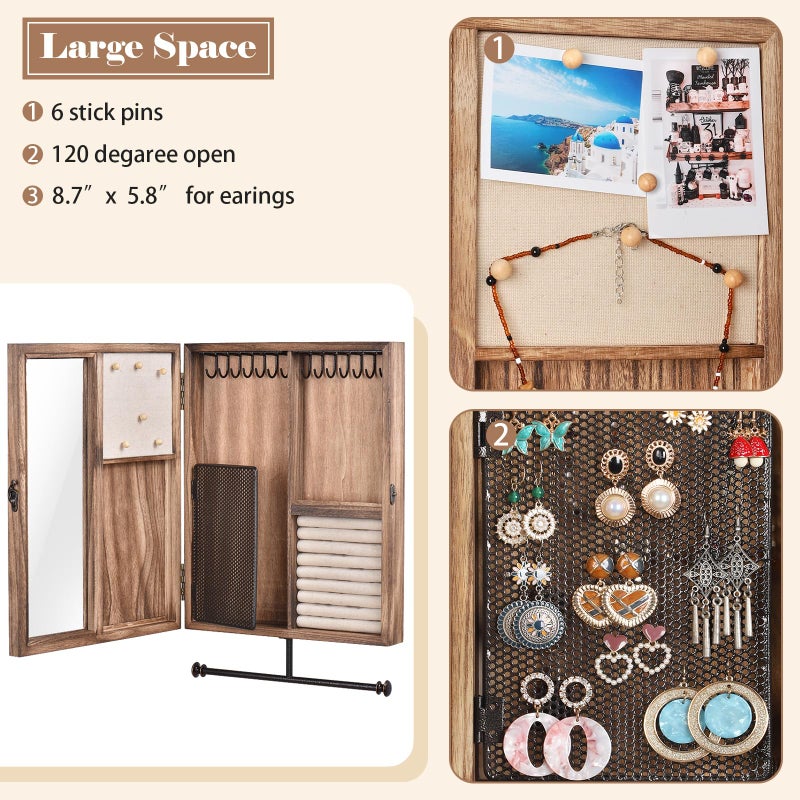 Keebofly Wall Mounted Jewelry Organizer Box Rustic Wood Large Space Jewelry Cabinet Holder Jewelry Storage Box for Necklaces, Earrings, Bracelets, Ring Holder, and Accessories (Carbonized Black) - Image 4